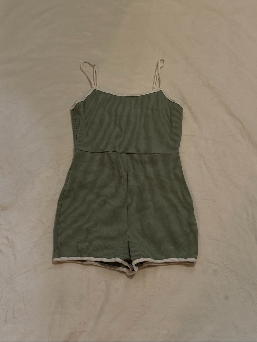 Urban Outfitters Olive Green Ribbed Romper with Cream Trim